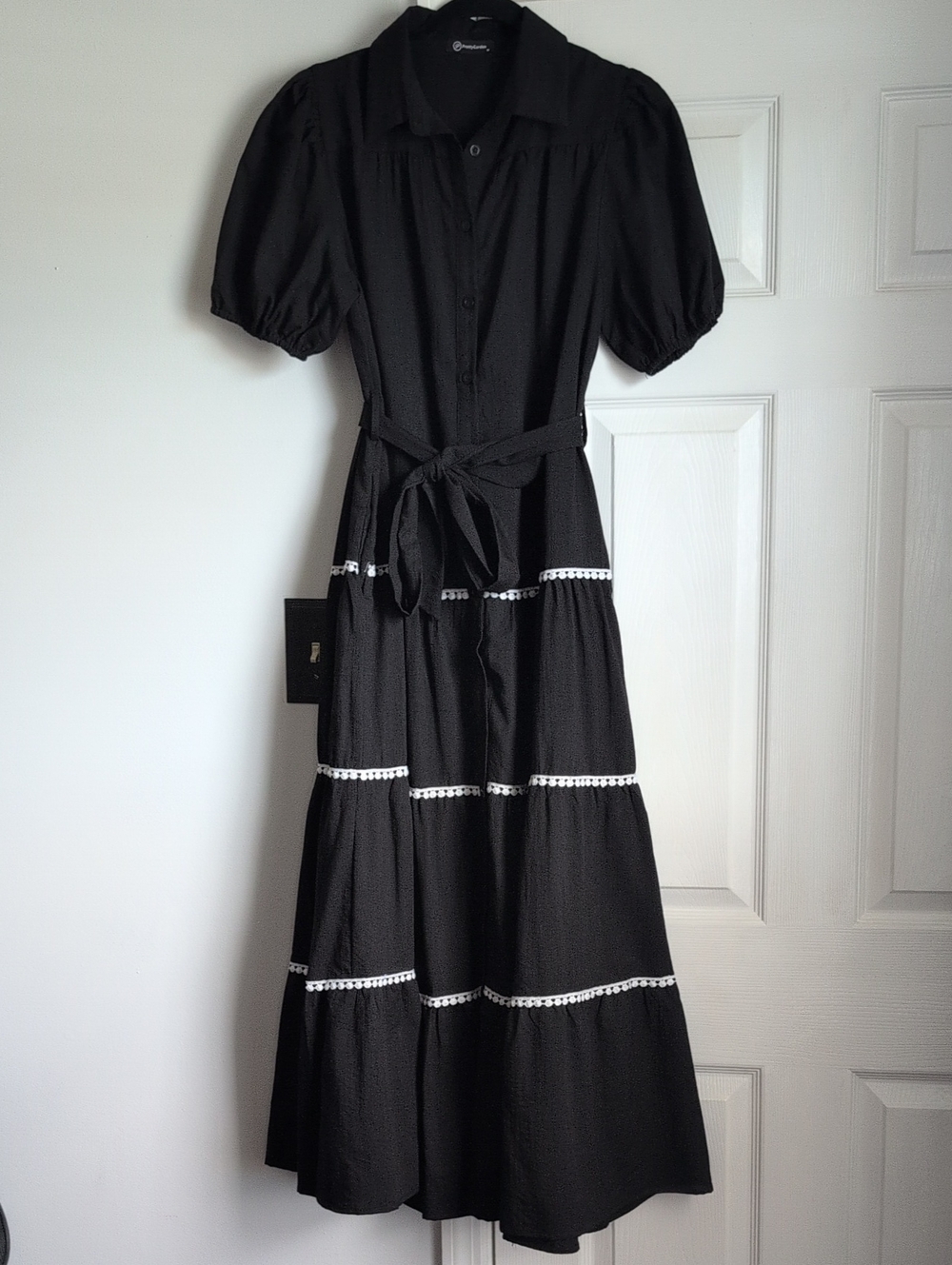 Classic Black Tiered Shirt Dress with Tie Waist